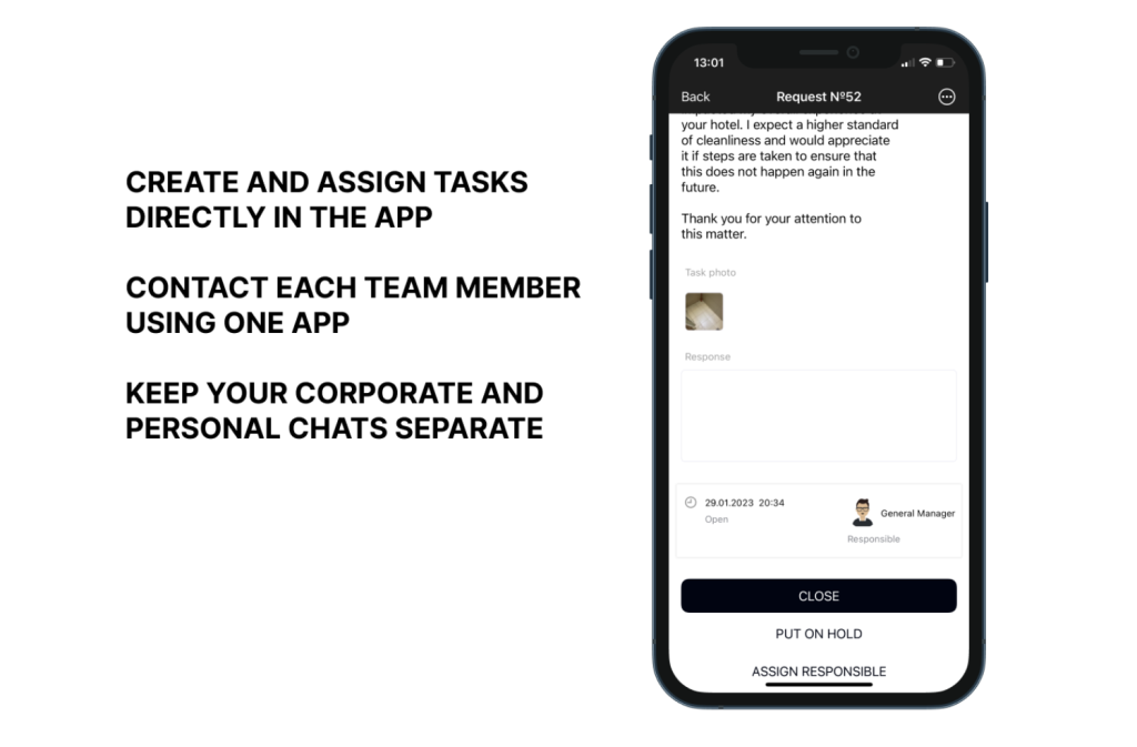 Graphic with an i phone displaying chat. Text reads: Create and assign tasks directly in the app. Contact each team member using one app. Keep your corporate and personal chats separate. Tagpoint Hotelier Messenger 