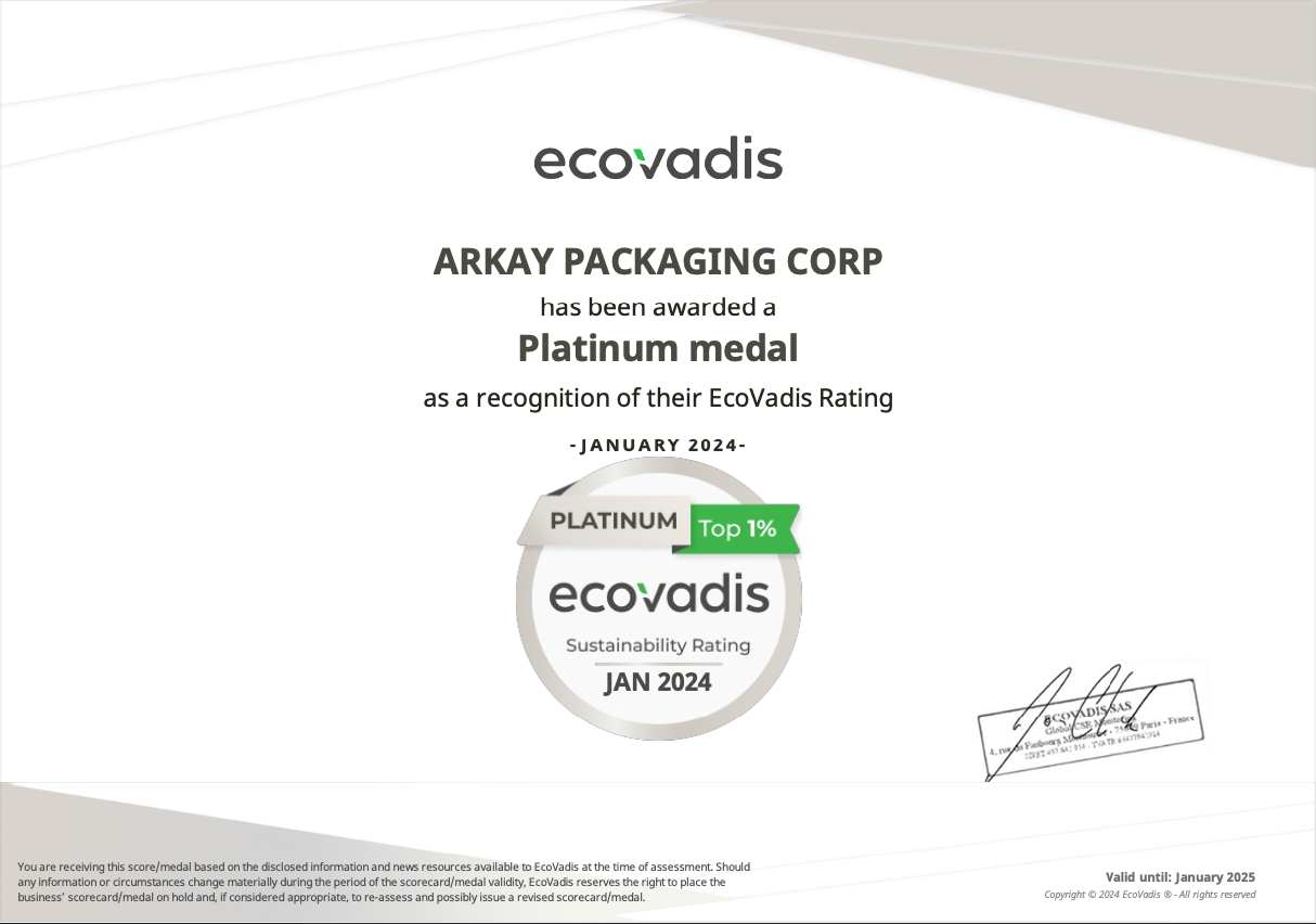 Arkay has been awarded a platinum ecovadis rating